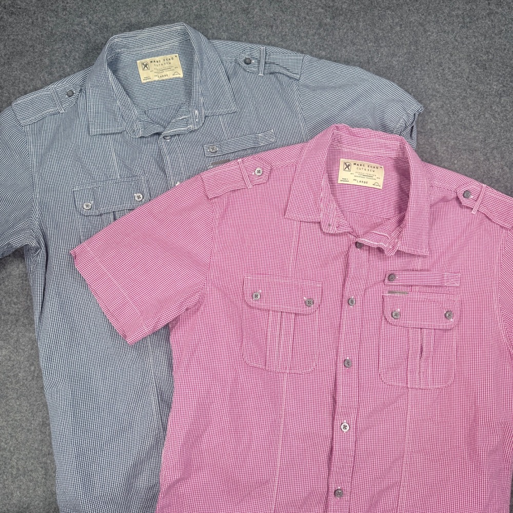 Marc Ecko Cut & Sew Mens Large Gingham Button Up Shirt Lot Blue Pink 2pc Cotton